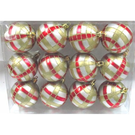 FunFlags Silver Ball Ornament with Red & Gold Plaid Design44; Pack of 12